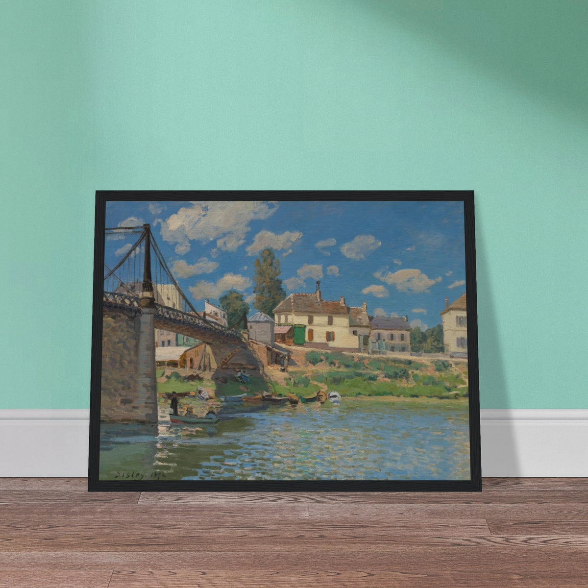 A suspension bridge, riverside houses, and small boats line the Seine under a bright blue sky.