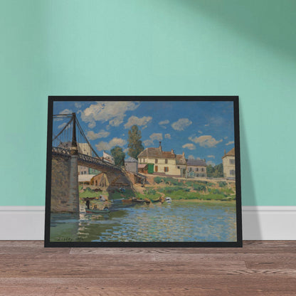 A suspension bridge, riverside houses, and small boats line the Seine under a bright blue sky.