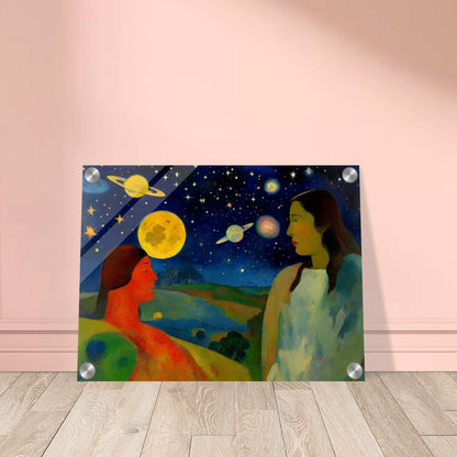 A vibrant scene of two people under a cosmic sky, featuring large planets and stars, set in an otherworldly landscape