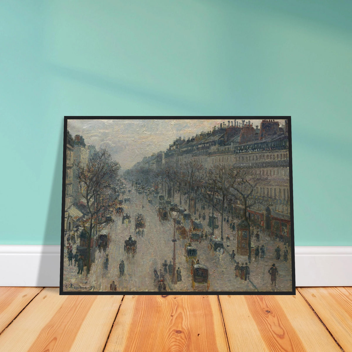 A busy Paris boulevard with carriages, figures, bare trees, and gray winter light.