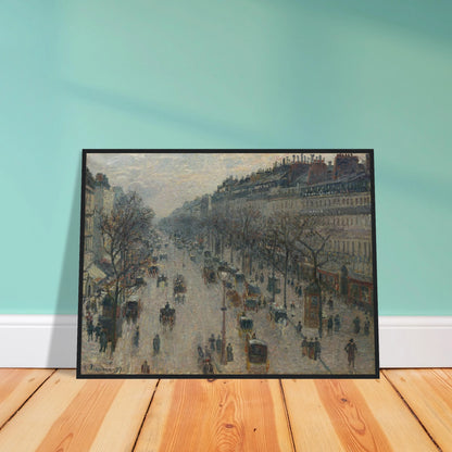 A busy Paris boulevard with carriages, figures, bare trees, and gray winter light.