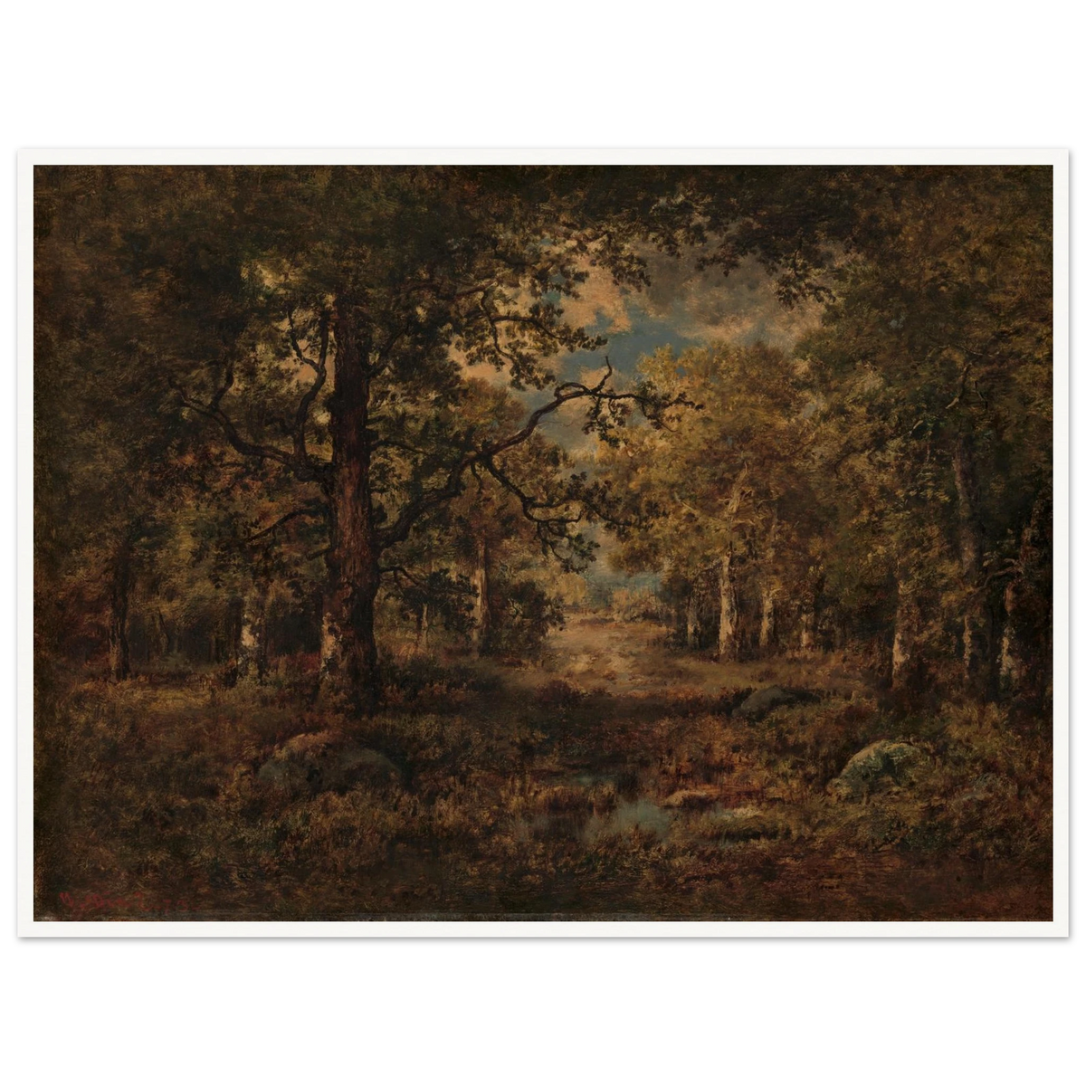 Wooded path opening to a sunlit view in Fontainebleau, with tall trees framing figures and a distant landscape.