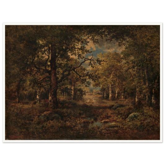 Wooded path opening to a sunlit view in Fontainebleau, with tall trees framing figures and a distant landscape.