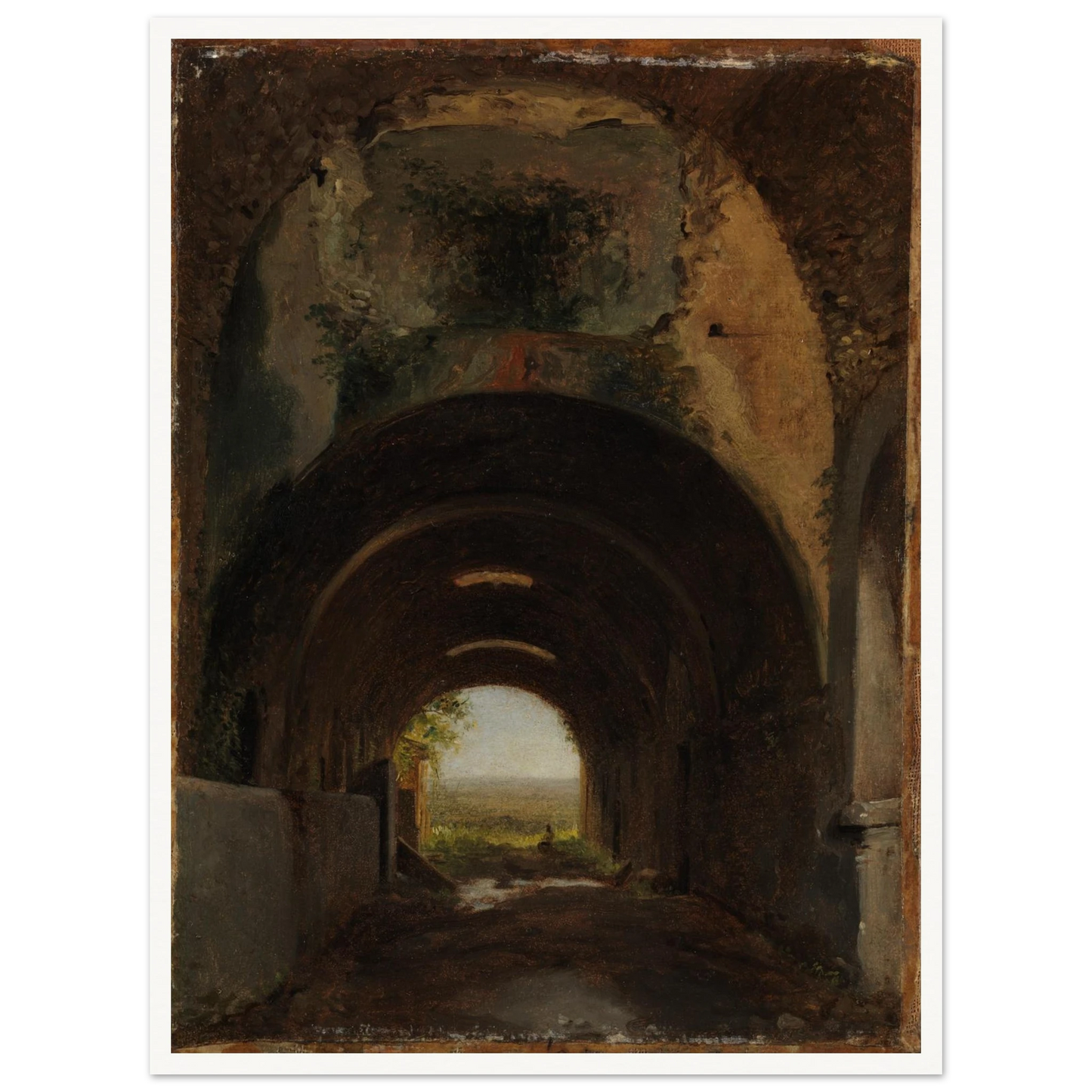 Dark vaulted stable opens to a distant landscape through a sunlit arch