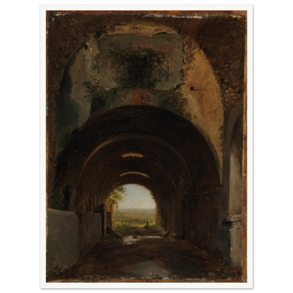 Dark vaulted stable opens to a distant landscape through a sunlit arch