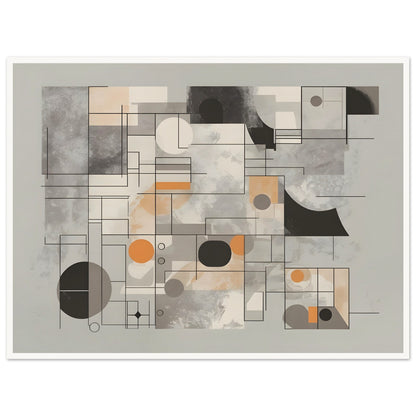 An abstract composition featuring geometric shapes, muted tones of grey, beige, and orange, with overlapping lines and blocks forming an architectural, grid-like design