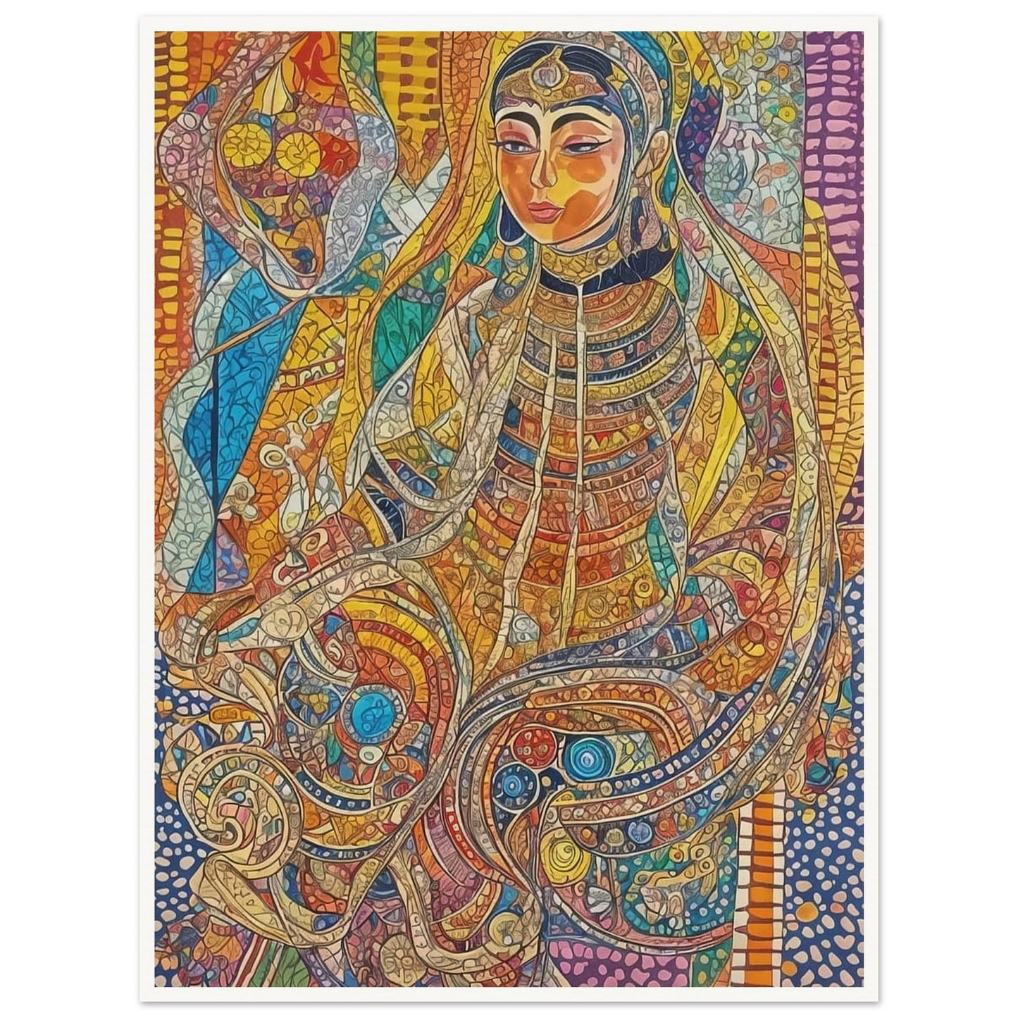 A vibrant mosaic-style artwork depicting a regal woman in intricate traditional attire, surrounded by vivid colors and patterns.