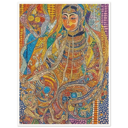 A vibrant mosaic-style artwork depicting a regal woman in intricate traditional attire, surrounded by vivid colors and patterns.