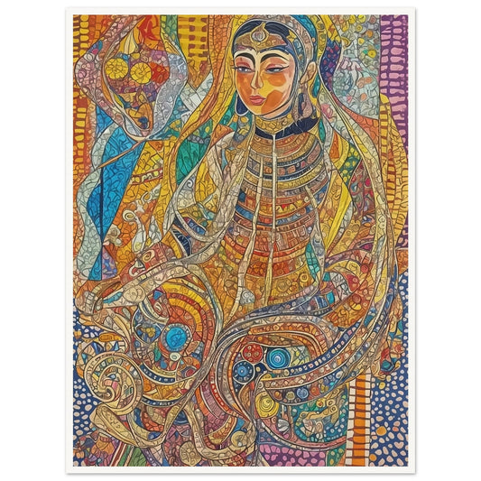 A vibrant mosaic-style artwork depicting a regal woman in intricate traditional attire, surrounded by vivid colors and patterns.