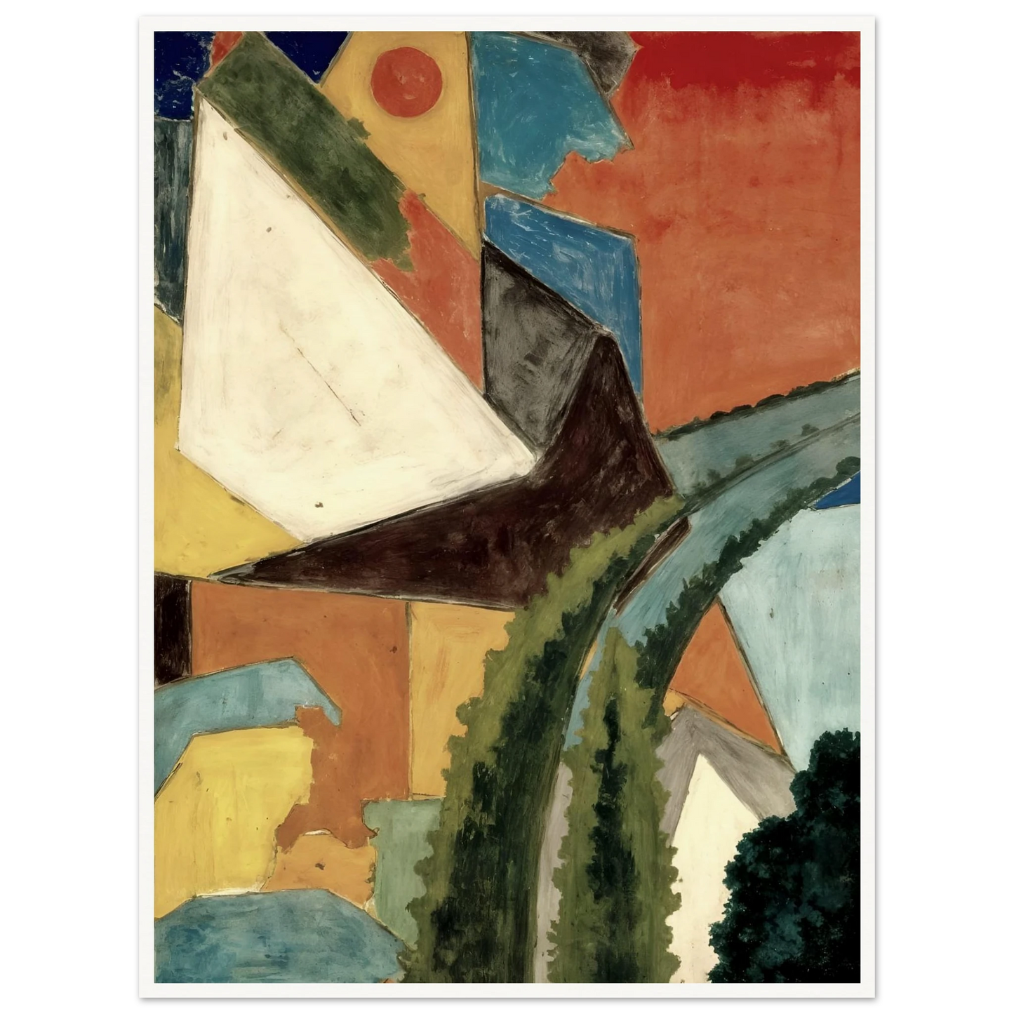 Angular rooftops and winding green pathways rise through warm ochre tones beneath a glowing crimson sky.