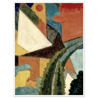Angular rooftops and winding green pathways rise through warm ochre tones beneath a glowing crimson sky.