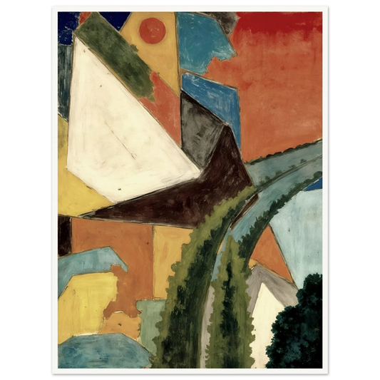Angular rooftops and winding green pathways rise through warm ochre tones beneath a glowing crimson sky.