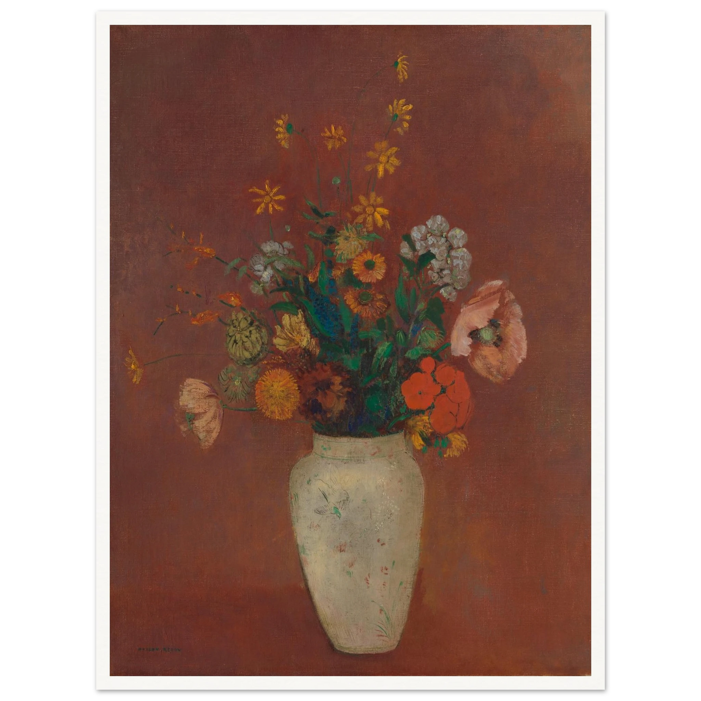 Flowers in a white vase against a red background with yellow and orange blooms