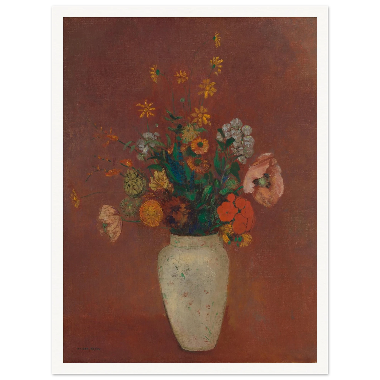 Flowers in a white vase against a red background with yellow and orange blooms