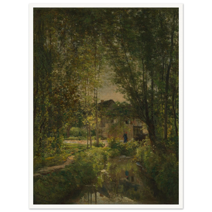 Sunlit stream winds through dense trees toward a cottage in a quiet woodland landscape