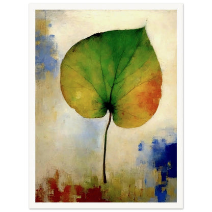 A single leaf showing a gradient from green to orange, standing against a softly textured background with hints of blue and red, symbolizing seasonal change.