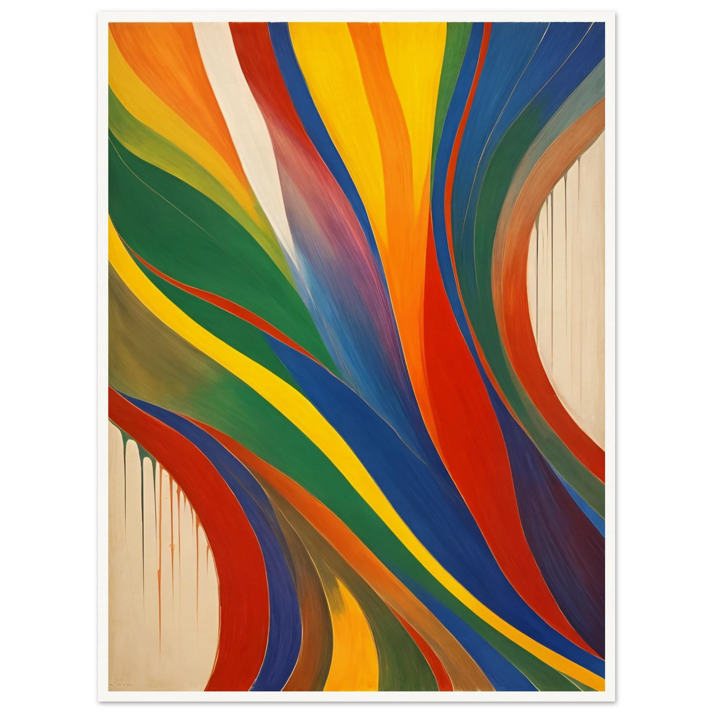 Vibrant painting with flowing, multicolored ribbons in red, blue, green, and yellow sweeping across a neutral background.