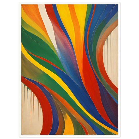 Vibrant painting with flowing, multicolored ribbons in red, blue, green, and yellow sweeping across a neutral background.