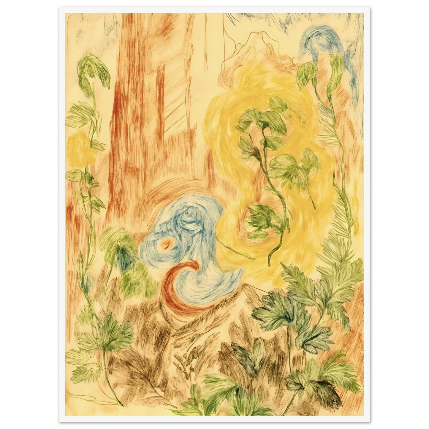 Delicate botanical sketches and flowing abstract forms intertwine in soft greens, golds, and blues across a dreamlike woodland-inspired composition.