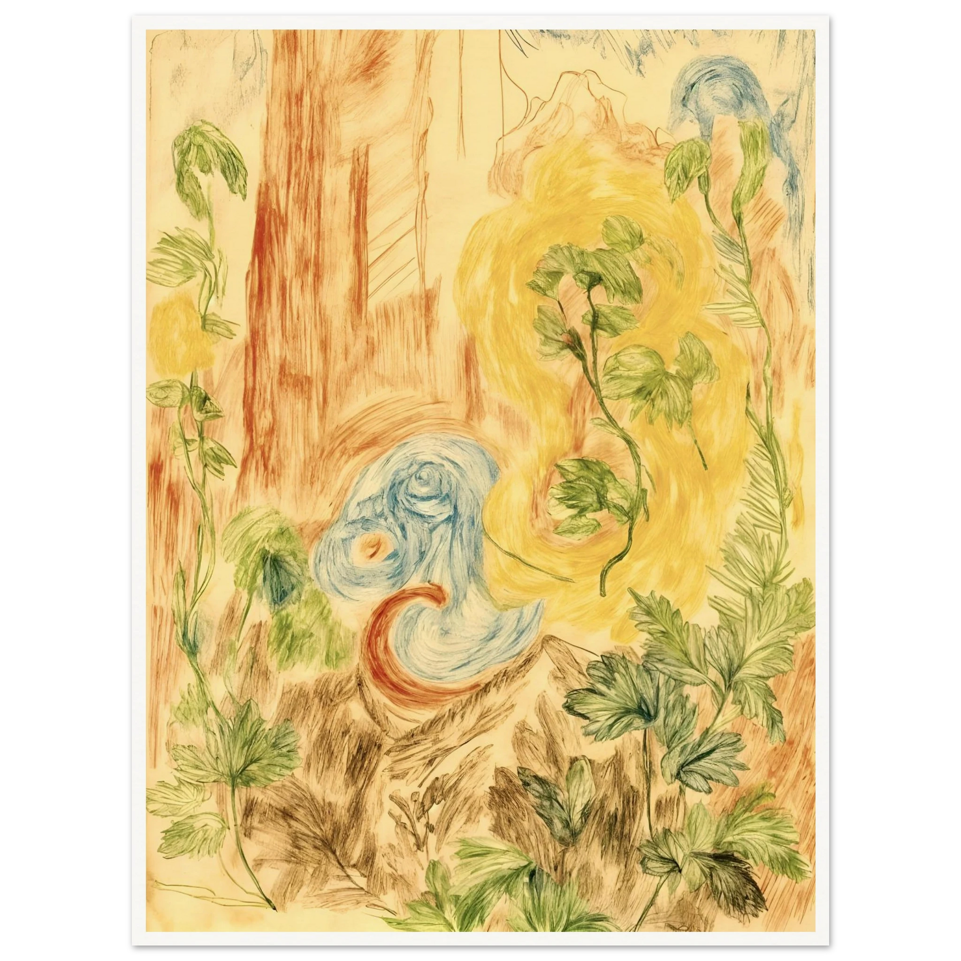 Delicate botanical sketches and flowing abstract forms intertwine in soft greens, golds, and blues across a dreamlike woodland-inspired composition.