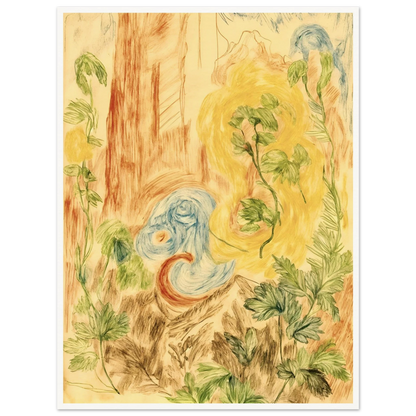 Delicate botanical sketches and flowing abstract forms intertwine in soft greens, golds, and blues across a dreamlike woodland-inspired composition.