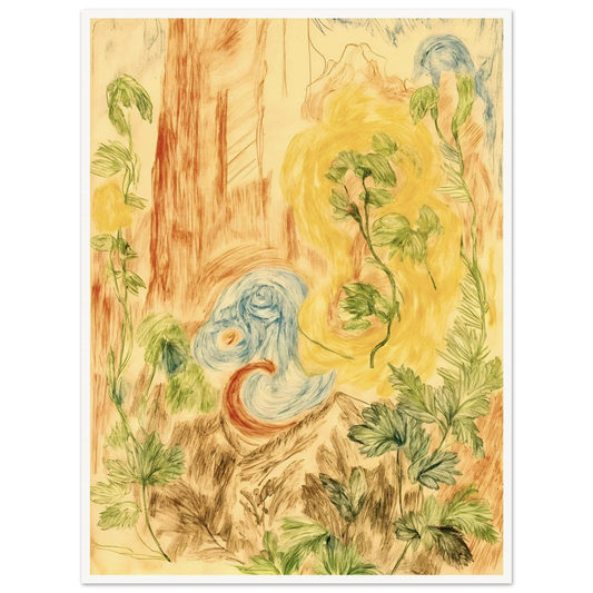 Delicate botanical sketches and flowing abstract forms intertwine in soft greens, golds, and blues across a dreamlike woodland-inspired composition.