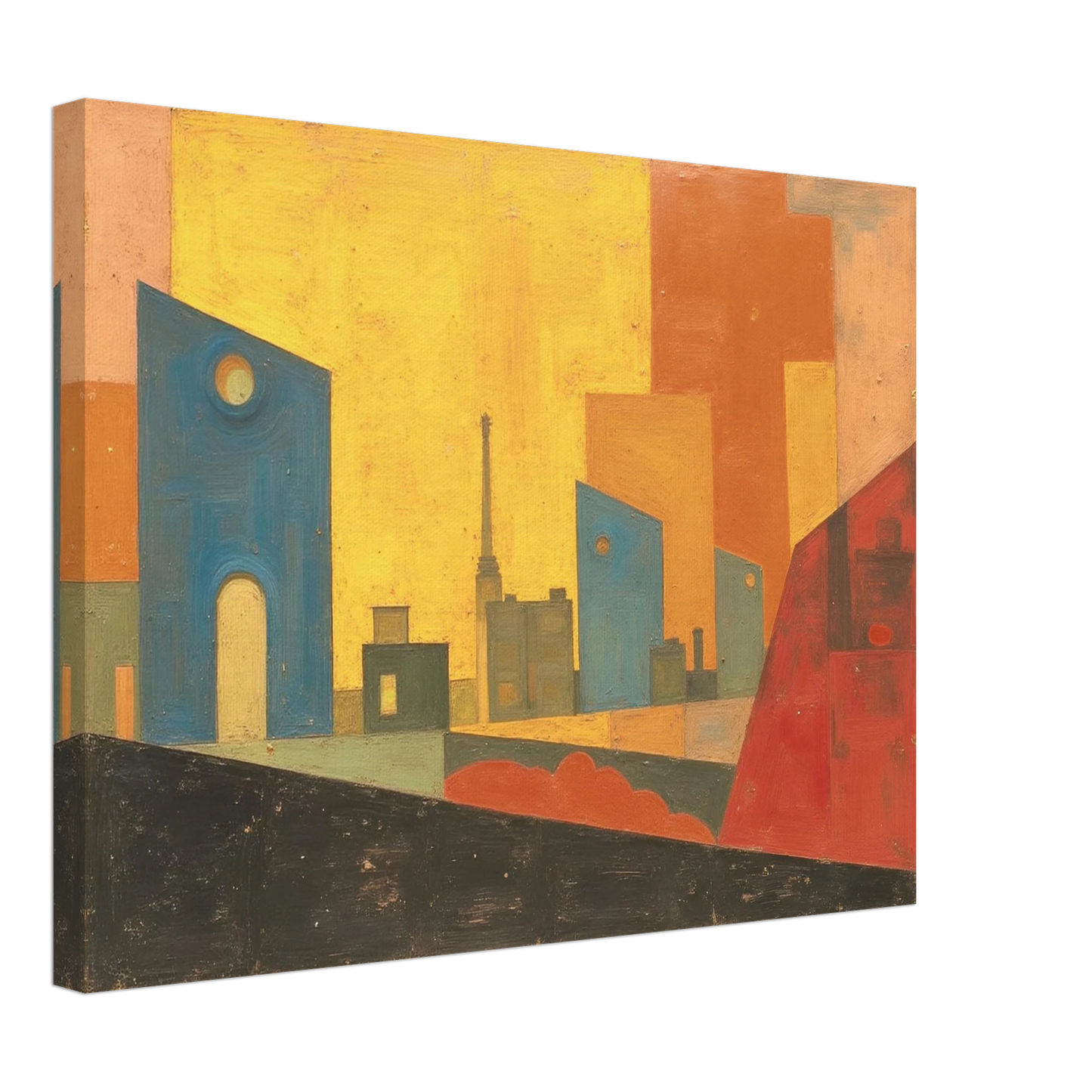 A stylized cityscape with warm yellow and orange tones, blue geometric buildings, and abstract architectural silhouettes.