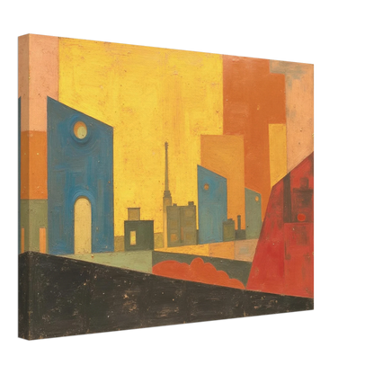 A stylized cityscape with warm yellow and orange tones, blue geometric buildings, and abstract architectural silhouettes.