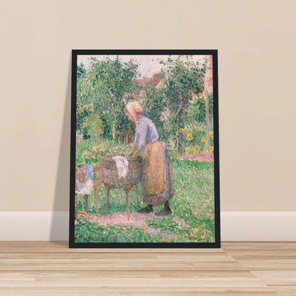 A Pointillist painting of a washerwoman hard at work, scrubbing linens and clothing in one barrel and rinsing them in another. 