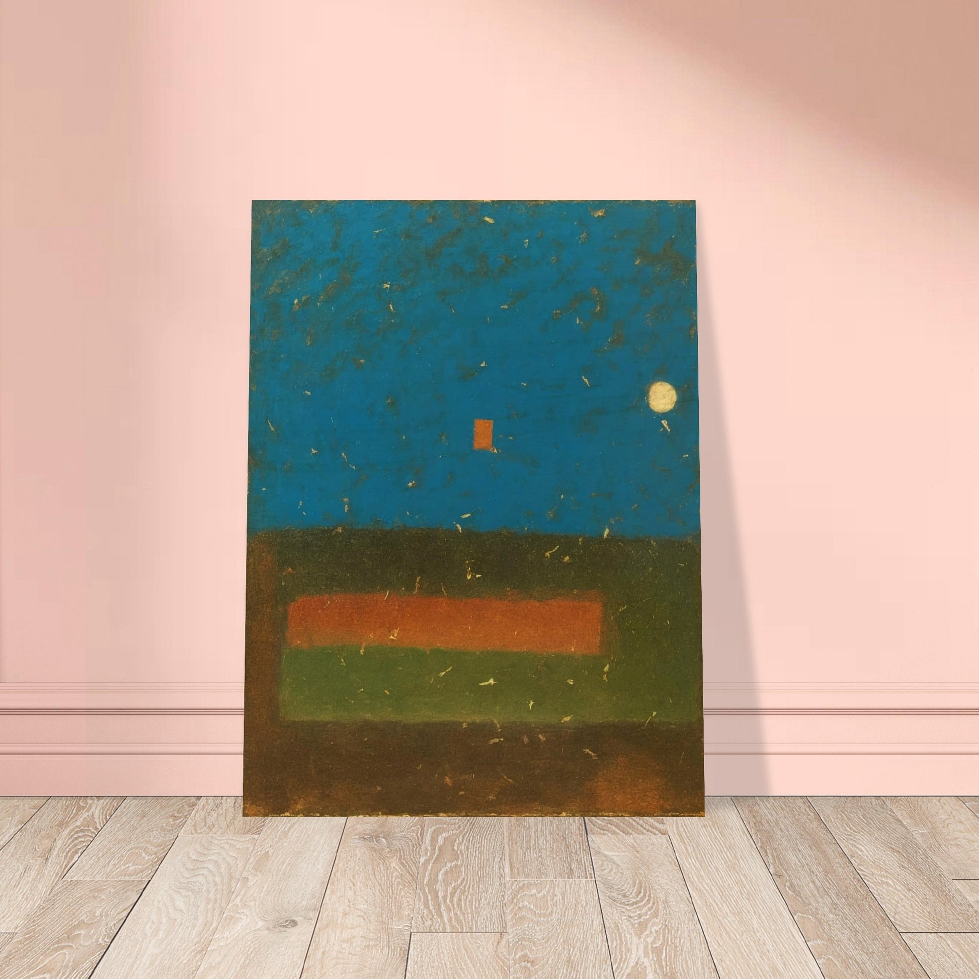 An abstract painting featuring a deep blue textured sky with a glowing moon, a red square, and earthy green and brown horizontal fields.