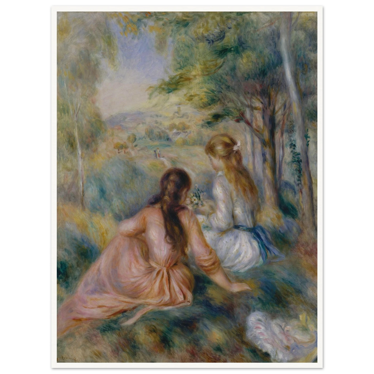 Two girls in pastel dresses sit among trees and flowers in a soft impressionist meadow.