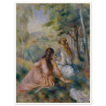 Two girls in pastel dresses sit among trees and flowers in a soft impressionist meadow.
