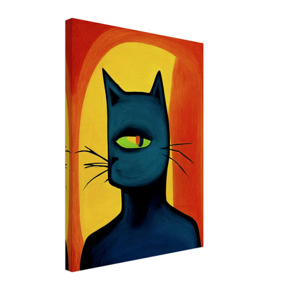 A bold, artistic depiction of a black cat with a single green eye, set against a vibrant orange and yellow abstract background.