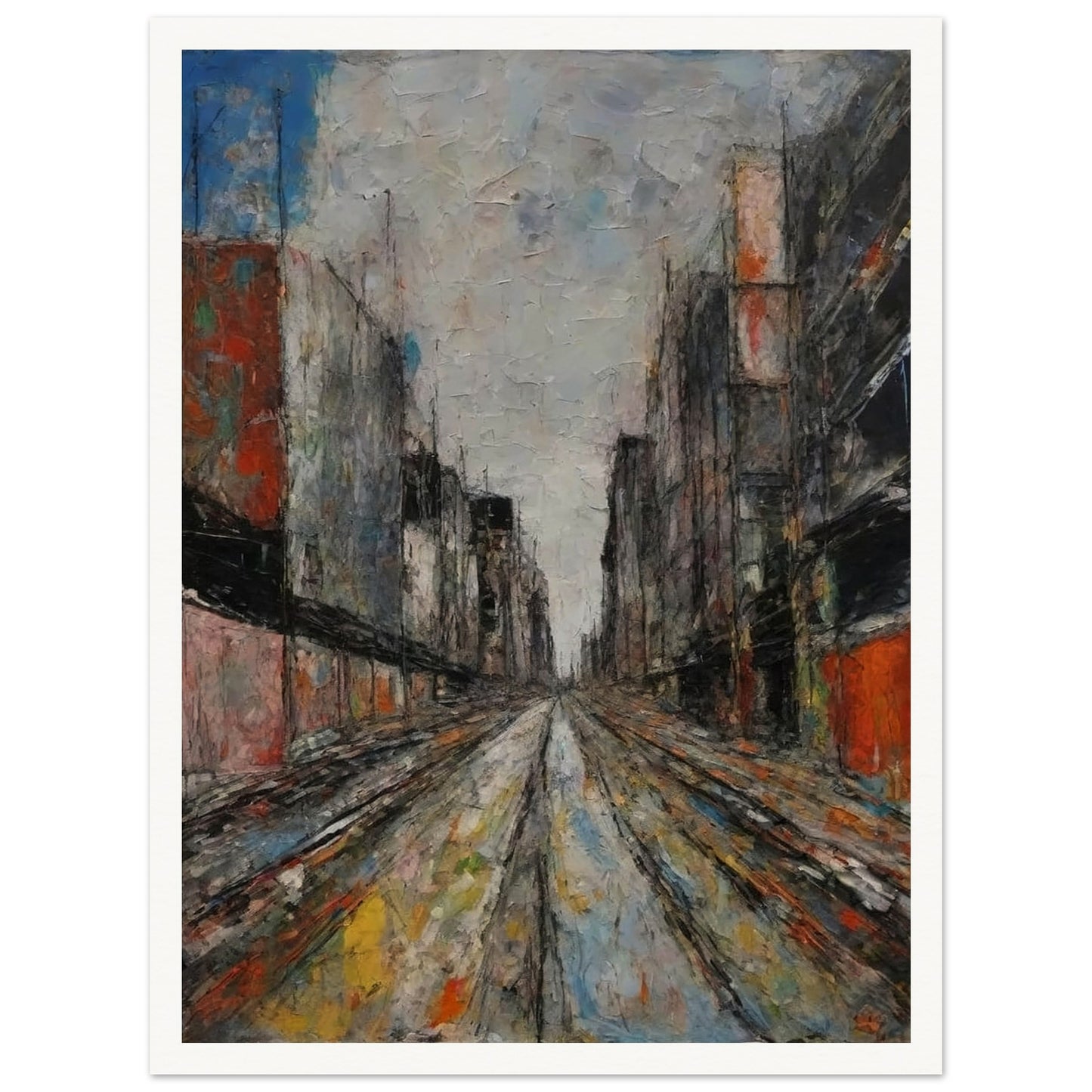 Textured painting of a long urban alley with tall buildings on both sides, leading to a vanishing point under a cloudy sky.