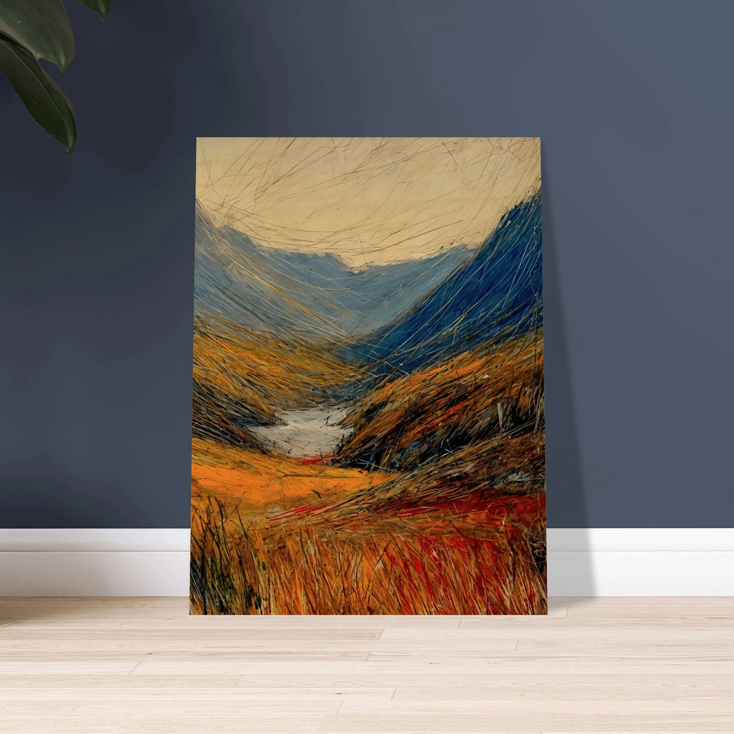Windswept valley of golden grasses and deep blue mountains painted with vivid, dynamic strokes under a pale sky.