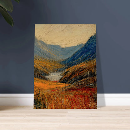 Windswept valley of golden grasses and deep blue mountains painted with vivid, dynamic strokes under a pale sky.