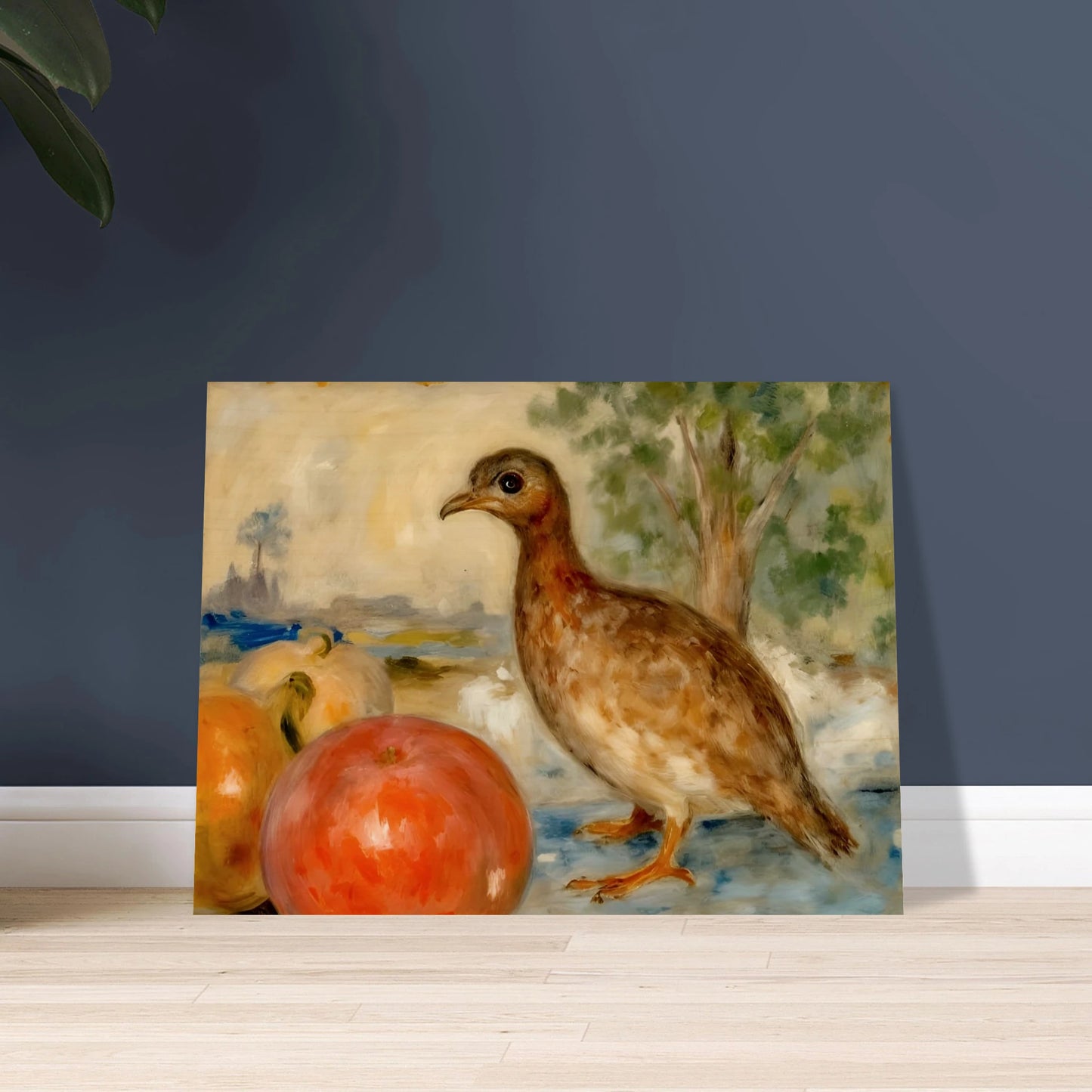 A brown bird stands beside ripe apples in a soft countryside setting, blending still life with gentle pastoral charm.
