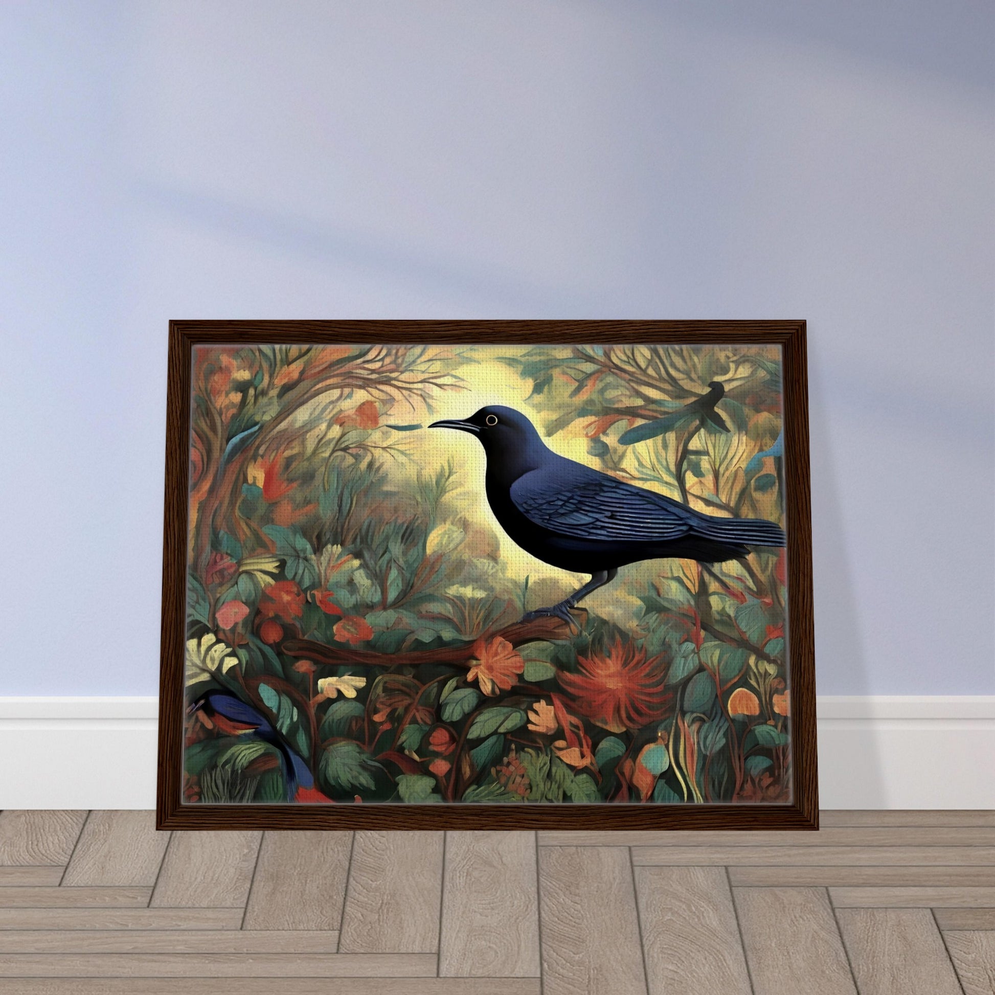 A stunning painting of a black bird with blue undertones perched amidst a vibrant forest of flowers and leaves, illuminated by a glowing golden light in the background.