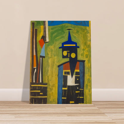 "An abstract painting featuring a geometric figure with a blue hat, composed of bold shapes and colors, set against a green and yellow background."