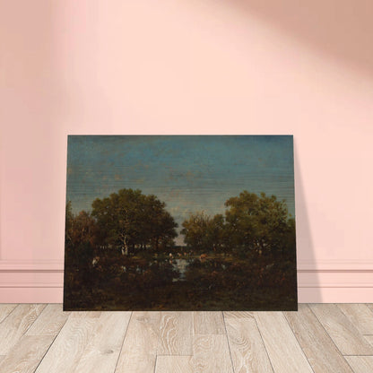 Cattle gather beside a reflective woodland pool beneath dense trees and a wide blue sky.
