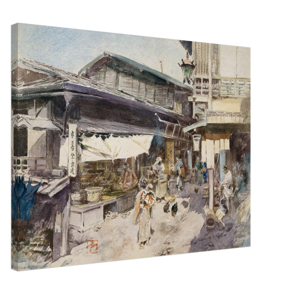 A lively Japanese street scene with shops, lantern, people, and chickens in soft watercolor.