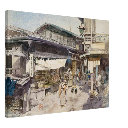 A lively Japanese street scene with shops, lantern, people, and chickens in soft watercolor.