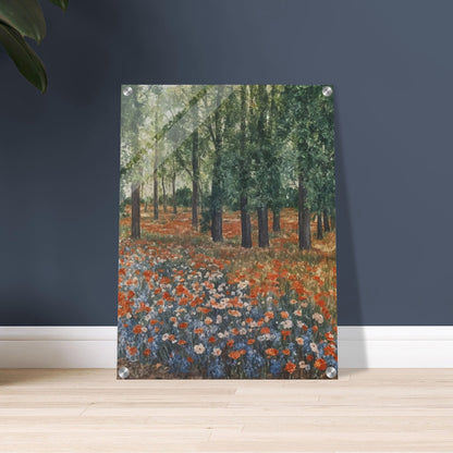 "A tranquil landscape with vibrant orange and blue wildflowers blooming under tall trees, evoking the peacefulness of a forest meadow."