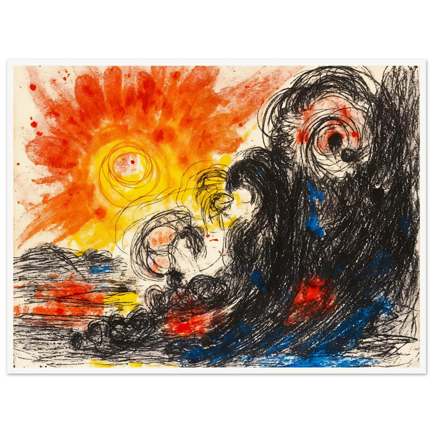 A blazing orange sun erupts above chaotic black waves and swirling forms, where fiery reds and deep blues collide in a turbulent seascape.