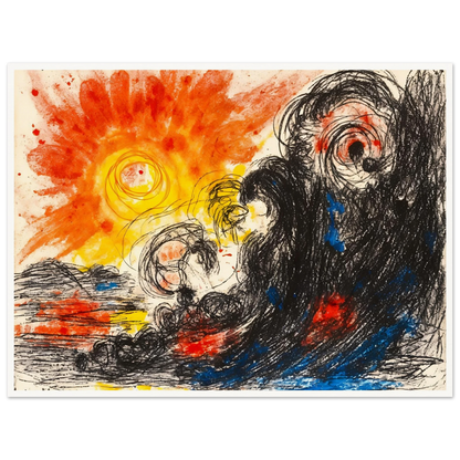 A blazing orange sun erupts above chaotic black waves and swirling forms, where fiery reds and deep blues collide in a turbulent seascape.