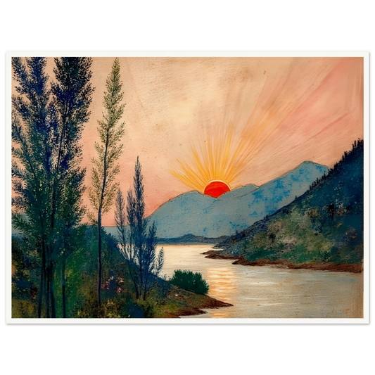 A vivid sunrise glows over misty mountains and a calm river, framed by tall trees and soft pastel skies.