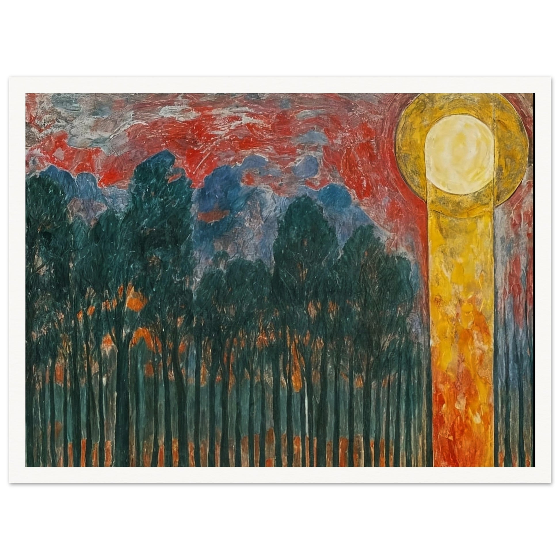 A vibrant painting of a forest with dark trees under a dramatic red and blue sky, with a glowing yellow sun.