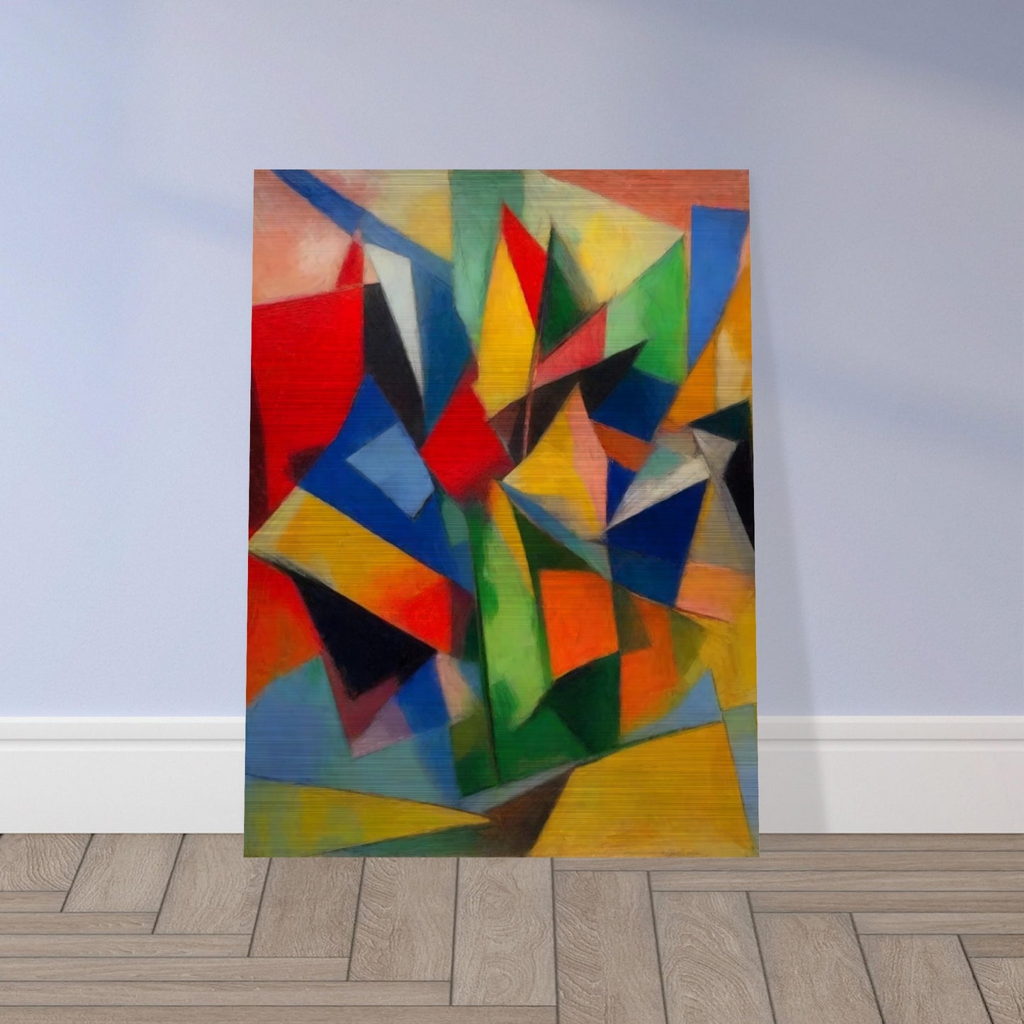 A vibrant abstract painting with sharp, colorful geometric shapes creating a dynamic and energetic composition.