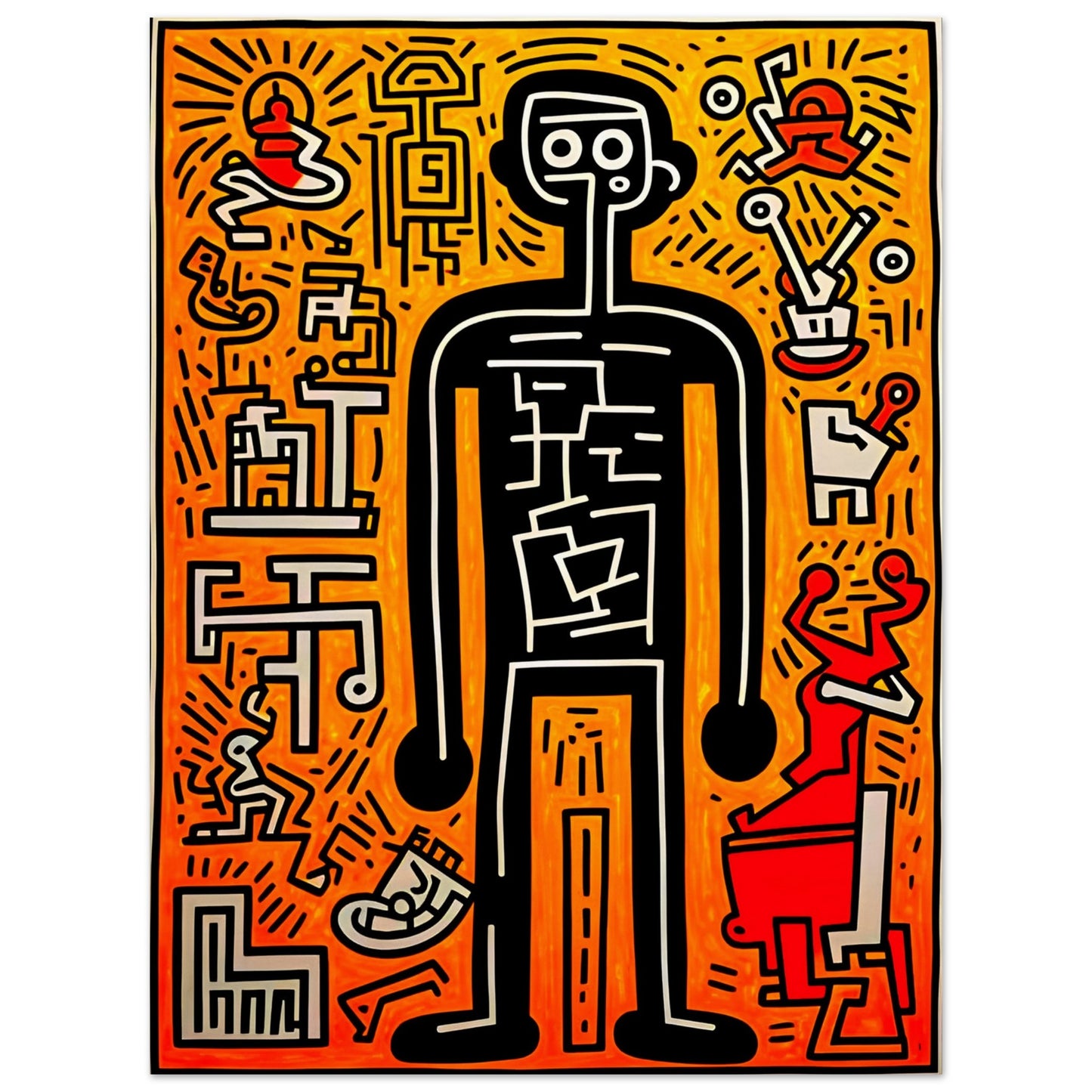 A bold pop-art figure outlined in black, surrounded by abstract symbols and patterns on an energetic orange and red background.