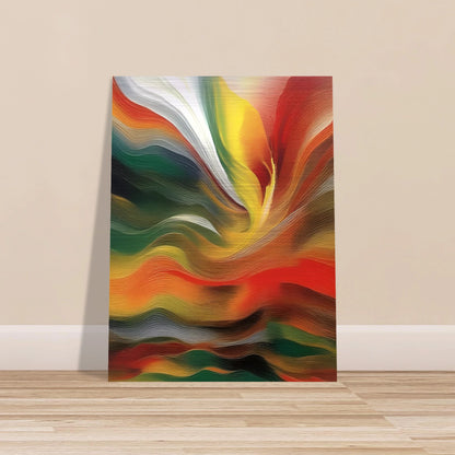 Swirling layers of red, green, gold, and white converge in a vivid, flowing motion that evokes fire and transformation.